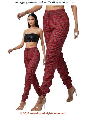 NWT LaBijou M red plaid ruched swishy pants
